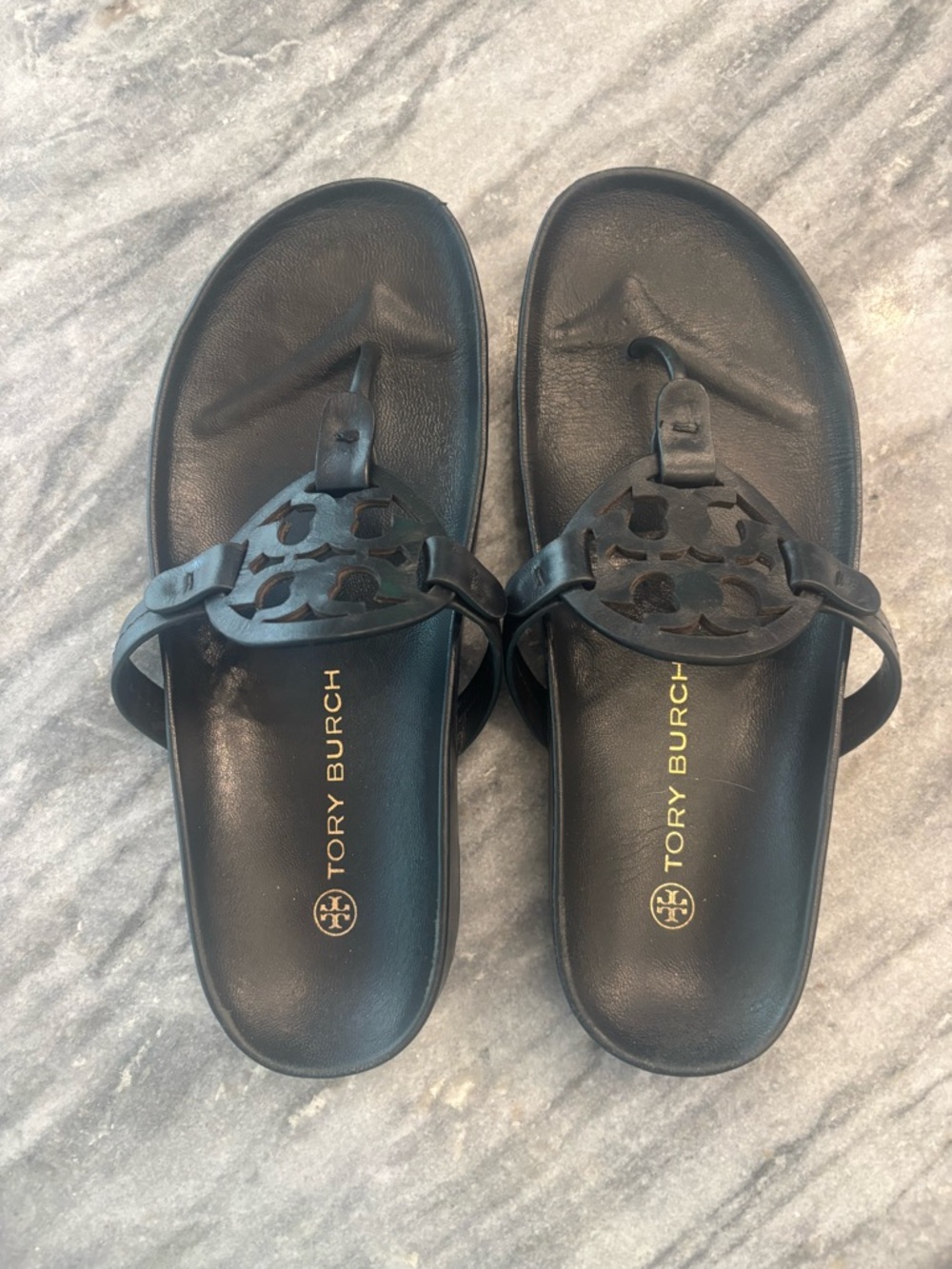 Tory Burch Miller Black Leather Logo Thong Sandals